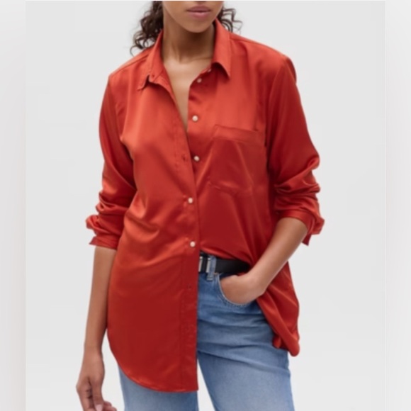 GAP satin boyfriend button down long sleeve shirt front pocket rust Large EUC - Picture 1 of 9
